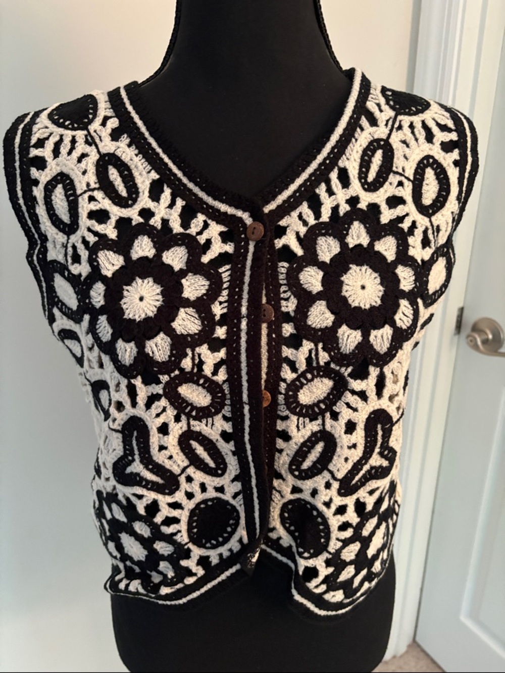 Black and White Crochet Floral Vest